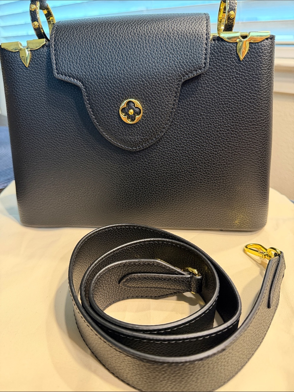 Black Leather Top-Handle Bag with Gold Hardware